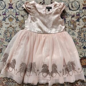 Zunie Plush Pink, Metallic and Tulle Layer Dress w/ Glitter Horses Trim, sz 3T